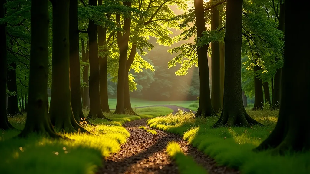 Serene woodland environment with natural light filtering through forest canopy