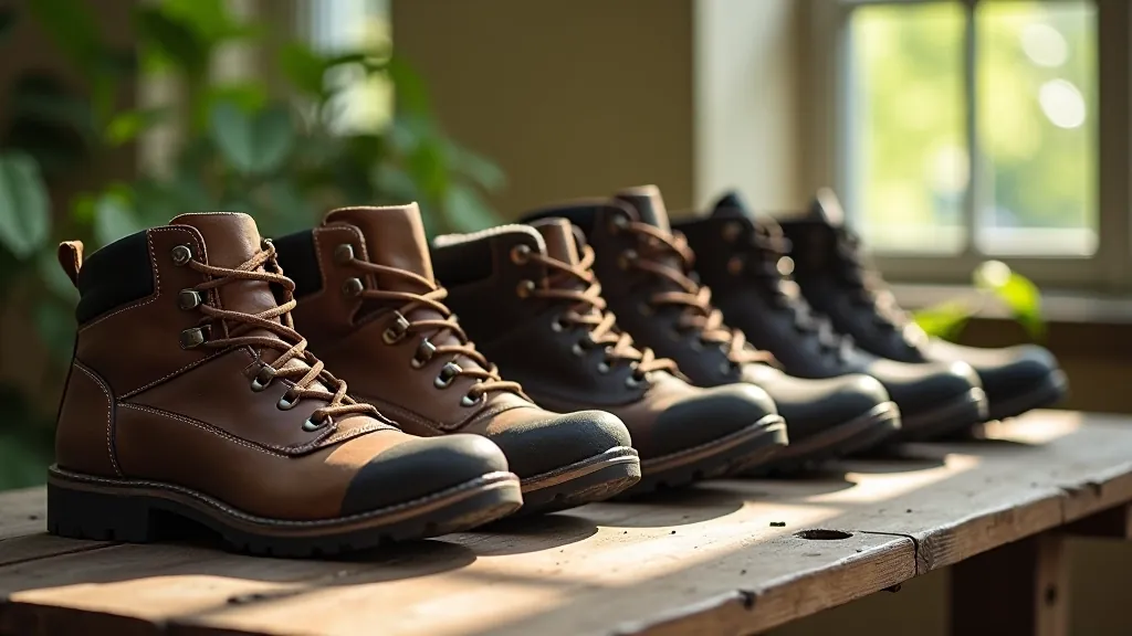 Collection of different hiking boots and trail shoes displayed on wooden surface, showing various heights and styles for different terrain preferences