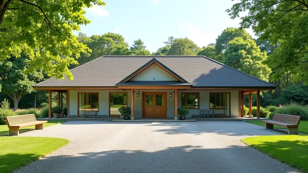 Coole Park visitor center building with parking area visible, peaceful outdoor setting with green lawn and trees