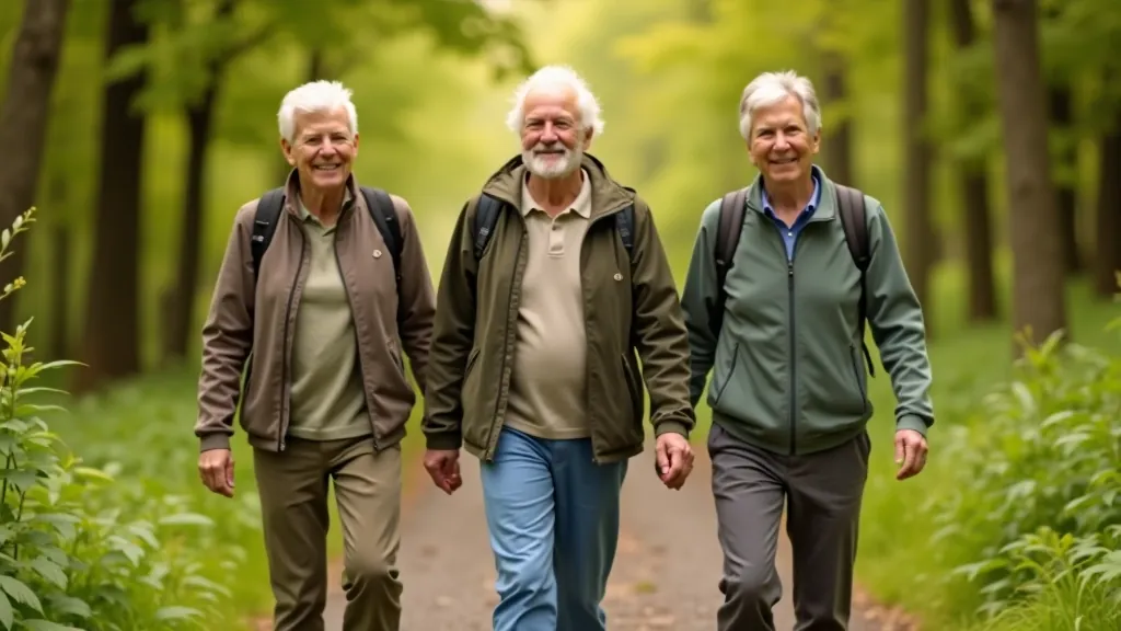 Three active seniors walking together on forest trail showing community walking group