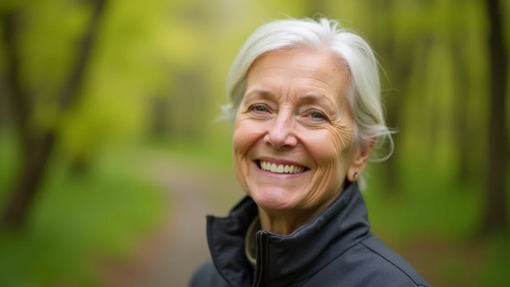 Portrait photo of satisfied trail walker smiling