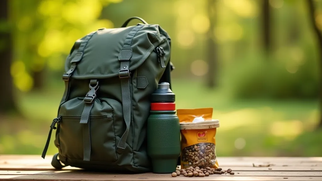 Hiking backpack with organized compartments and supplies on a wooden table