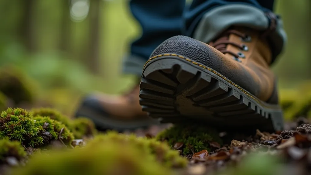 Close-up detail of hiking boot sole showing deep tread pattern gripping on wet moss-covered rock surface
