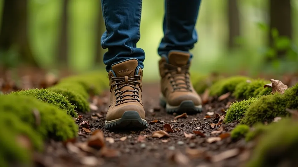 Close-up of hiking boots on forest path with moss-covered ground and tree roots visible