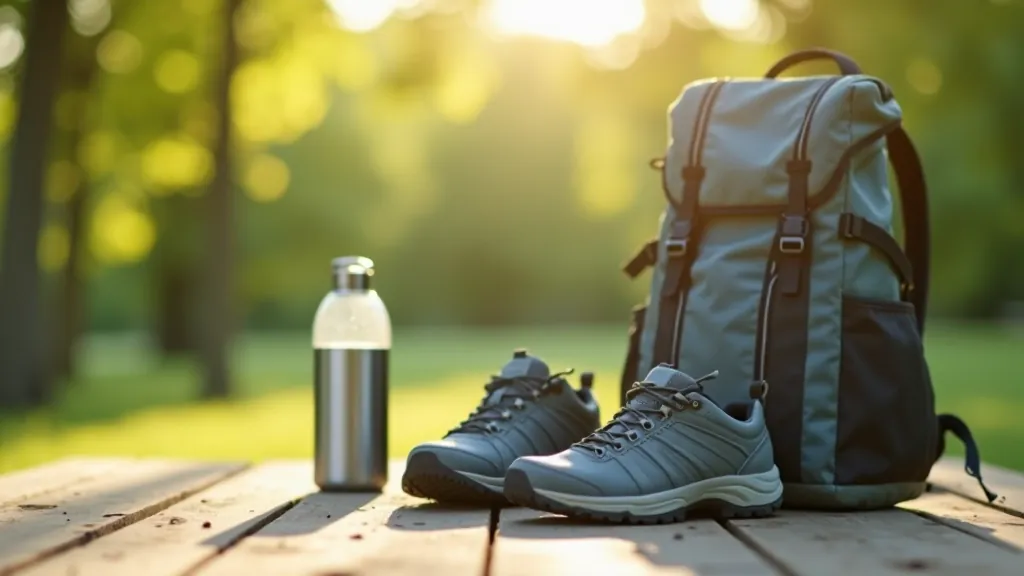 Hiking essentials laid out: water bottle, comfortable walking shoes, light jacket, small backpack on wooden surface