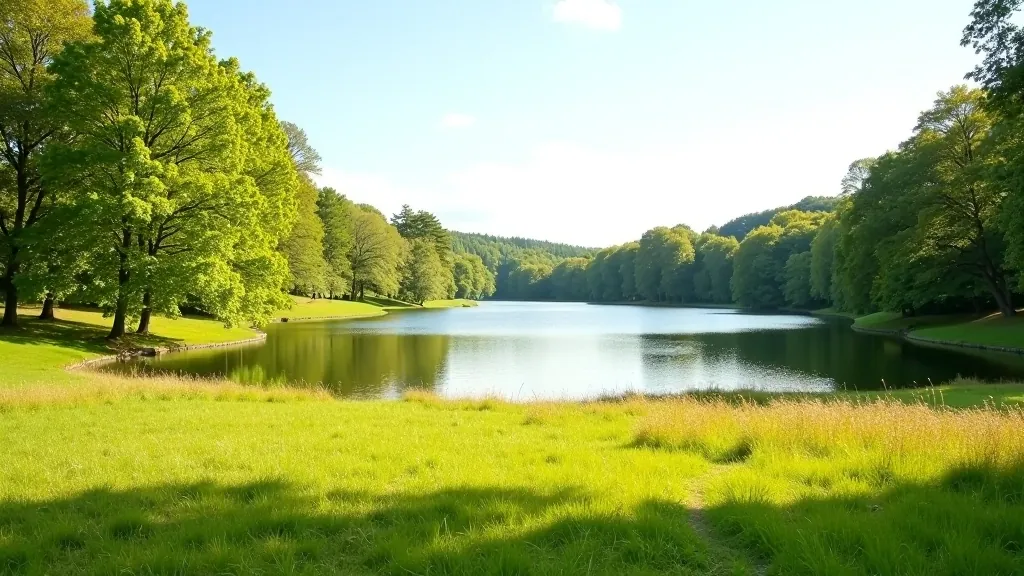 Scenic view of lake and woodland at Coole Park, open grassland, mature trees, calm water reflecting sky