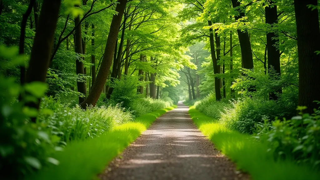 Beautiful woodland trail winding through Coole Park with mature trees and green undergrowth