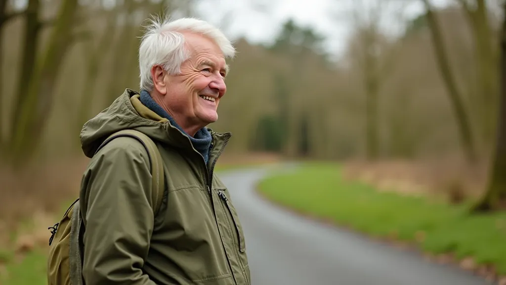 Senior person standing at the Coole Park main entrance sign, smiling and looking toward the trail with anticipation and confidence