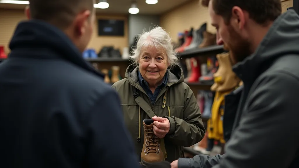 Senior woman trying on hiking boots in a specialty outdoor shop, examining fit with trained staff assistance