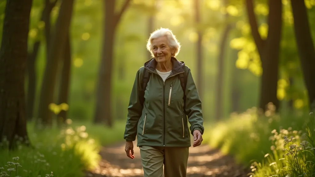 Senior woman walking on well-maintained forest trail, dappled sunlight, peaceful expression, Coole Park woodland setting