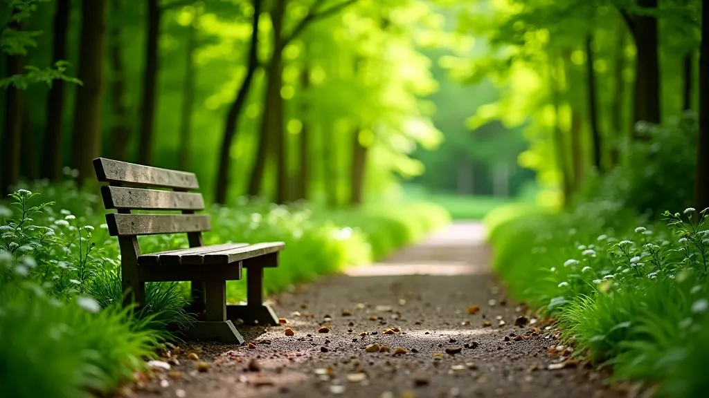 Park bench on forest trail with comfortable seating, dappled shade, woodland background, rest area