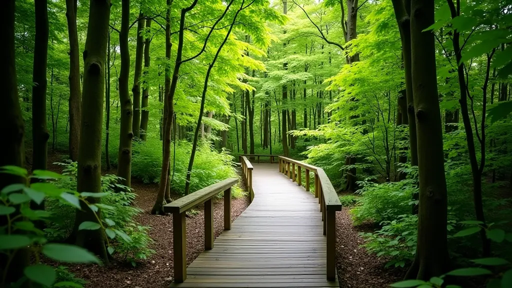 Wooden trail boardwalk winding through dense green woodland with tree roots and dappled sunlight filtering through canopy