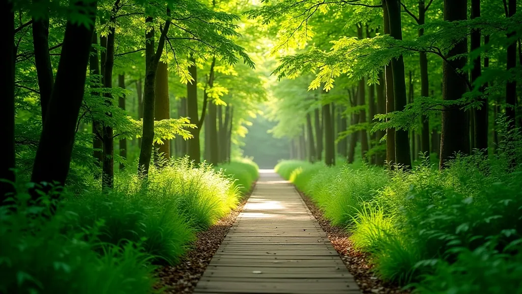 Wooden walking path through green forest with dappled sunlight filtering through trees at Coole Park